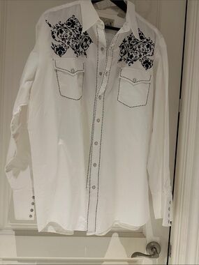 Men's White Button-Down Shirt with Black Embroidered Yoke